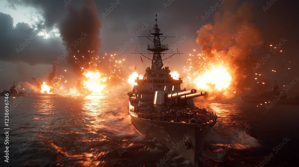 Fototapeta premium Warship in Combat with Explosions Under Starry Night