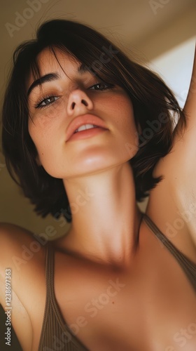 Girl with short hair captures somber expression in an intimate selfie taken indoors during daylight, showcasing her unique style and mood photo