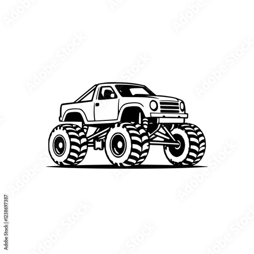 Mighty Monster Truck: A Black and White Vector Illustration of an Off-Road Vehicle. Perfect for automotive design, graphic projects, and more!