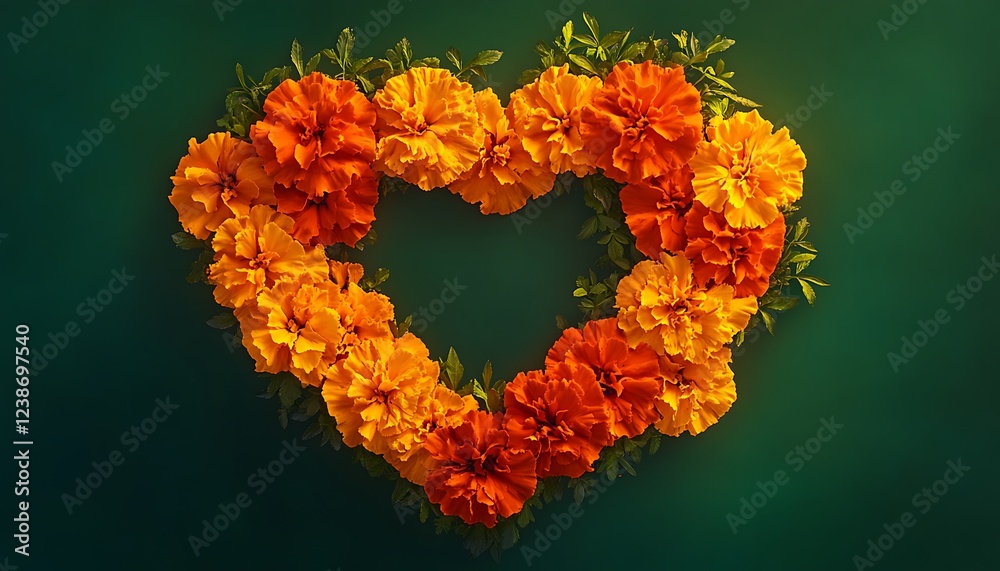A vivid floral heart of fiery orange and golden marigolds glowing on a solid forest green background A vivid floral heart of fiery orange and golden marigolds glowing on a solid forest green background