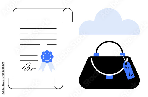 Business contract scroll with certified blue seal next to luxury handbag with price tag and cloud. Ideal for business, certification, luxury goods, fashion industry, ownership, quality assurance