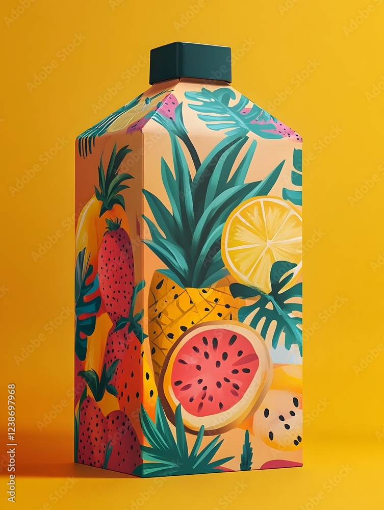 Obraz premium Vibrant Tropical Fruit Juice Carton with Bold Typography and Matte Finish Design