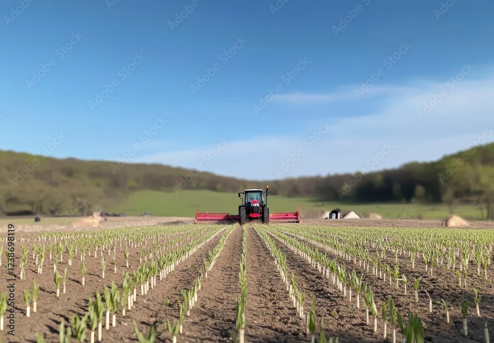 Tractor Working on Lush Green Farm Field Under Clear Blue Sky Tractor Working on Lush Green Farm Field Under Clear Blue Sky