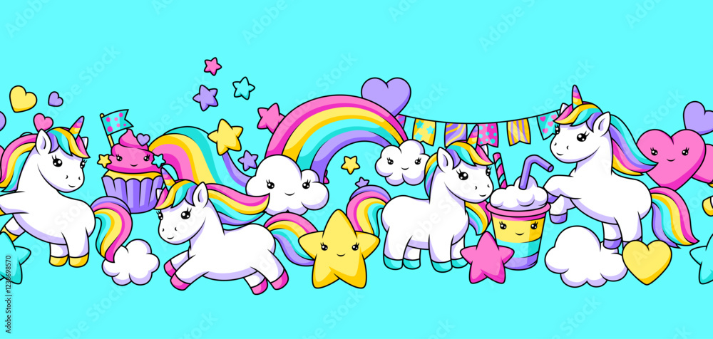 Pattern with unicorns. Happy birthday party background. Pattern with unicorns. Happy birthday party background.