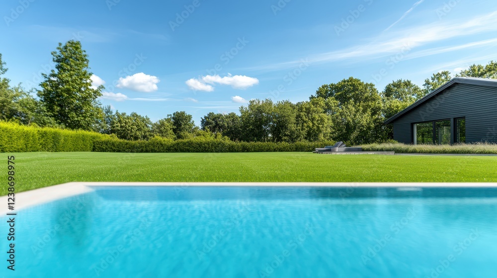 Discover a serene modern backyard oasis, featuring a sparkling clear blue pool surrounded by vibrant, lush greenery, all basking under a radiant sky Discover a serene modern backyard oasis, featuring a sparkling clear blue pool surrounded by vibrant, lush greenery, all basking under a radiant sky