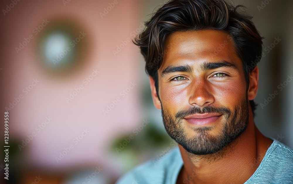 Obraz premium handsome man with a beard and a color shirt is smiling