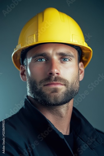 Wallpaper Mural Firefighter wearing a yellow hard hat looks confidently into the camera with striking blue eyes and a strong jawline, showcasing determination and strength in a service-oriented career Torontodigital.ca