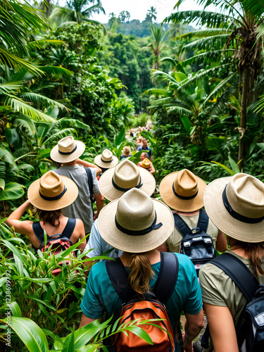 Group of people in safari hats exploring a vibrant, lush jungle with a sense of adventure and discovery, captured in a lively and dynamic photograph. photo