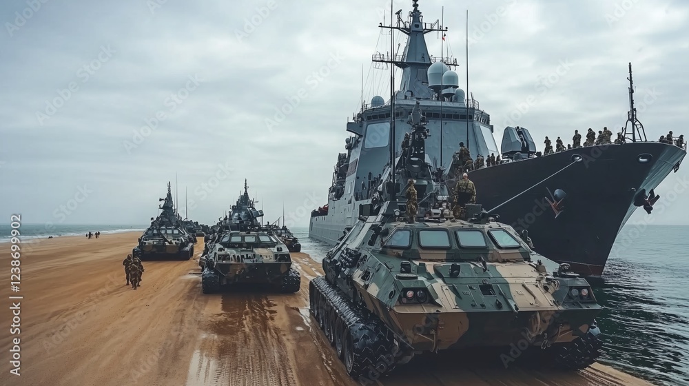 Fototapeta premium Coastal Warfare Amphibious Convoy Under Overcast Skies