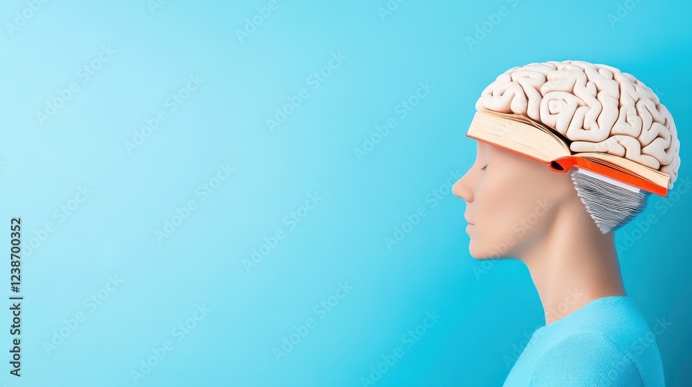 Librating minds depicted as a creative typography illustration showcasing a conceptual brain on a mannequin against a bright blue background Librating minds depicted as a creative typography illustration showcasing a conceptual brain on a mannequin against a bright blue background