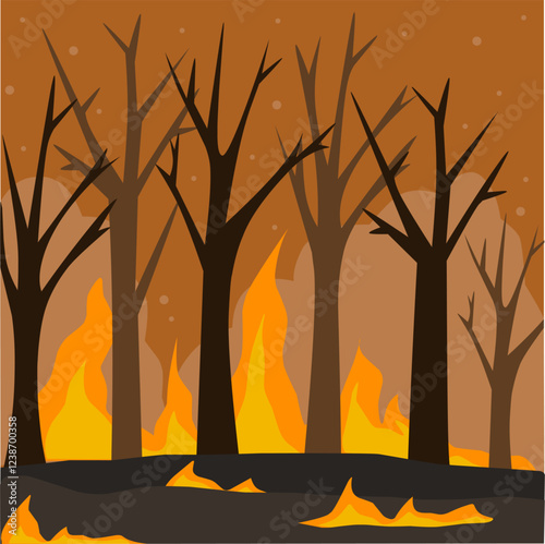 Illustration of the forest burning, forest fire cartoon, deforestation by burning illustration,slash and burn forest illustration 