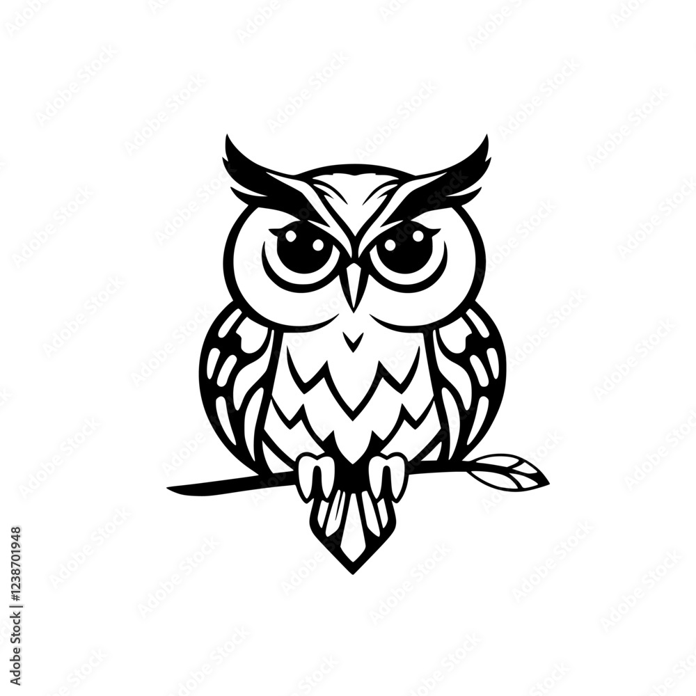 Obraz premium Majestic Owl on Branch: Black and White Vector Illustration. Perfect for nature lovers and graphic designers. Download this elegant and captivating design today!