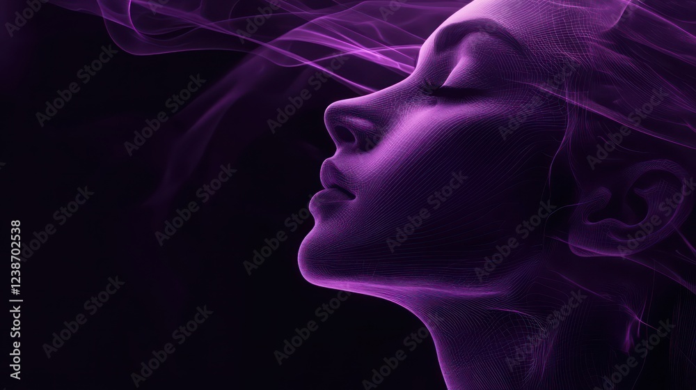 abstract dark wave woman face with digital textures, subtle glowing lines and a gradient from black to violet background for a mystical feel. abstract dark wave woman face with digital textures, subtle glowing lines and a gradient from black to violet background for a mystical feel.