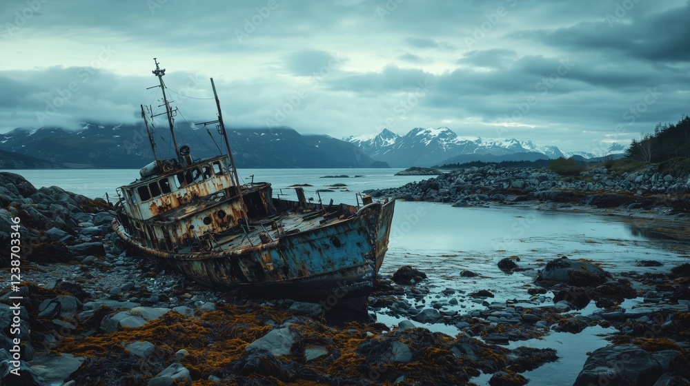 Fototapeta premium Crumbling Military Vessel on Rocky Beach at Low Tide
