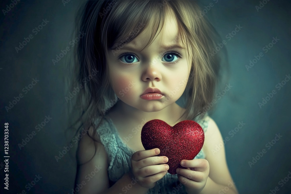 Сhildren valentine's day greeting card: toddler girl with begging eyes face holds red heart in hands. Sign of love. Commercial idea. Valentine's joy for kids. Kid holding heart. Сhildren valentine's day greeting card: toddler girl with begging eyes face holds red heart in hands. Sign of love. Commercial idea. Valentine's joy for kids. Kid holding heart.