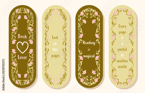 Floral Vintage Bookmarks. Set of paper bookmark templates for book lovers. Vertical postcards. Vector.