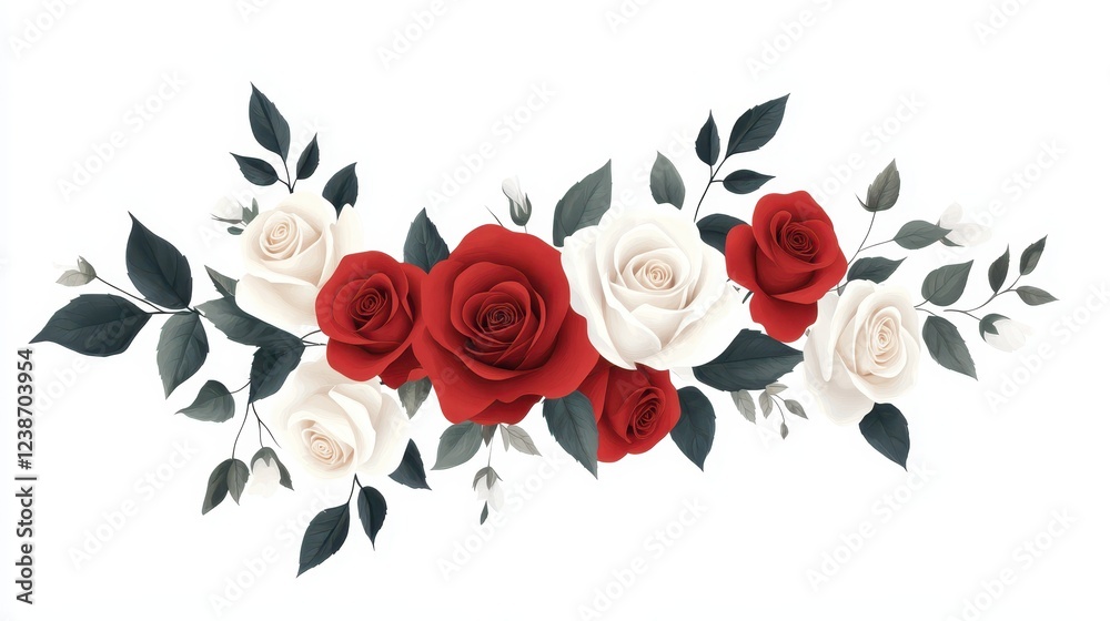Fototapeta premium Vector illustration showcasing a beautiful arrangement of red and white roses with lush green leaves, perfect for floral designs and decoration projects