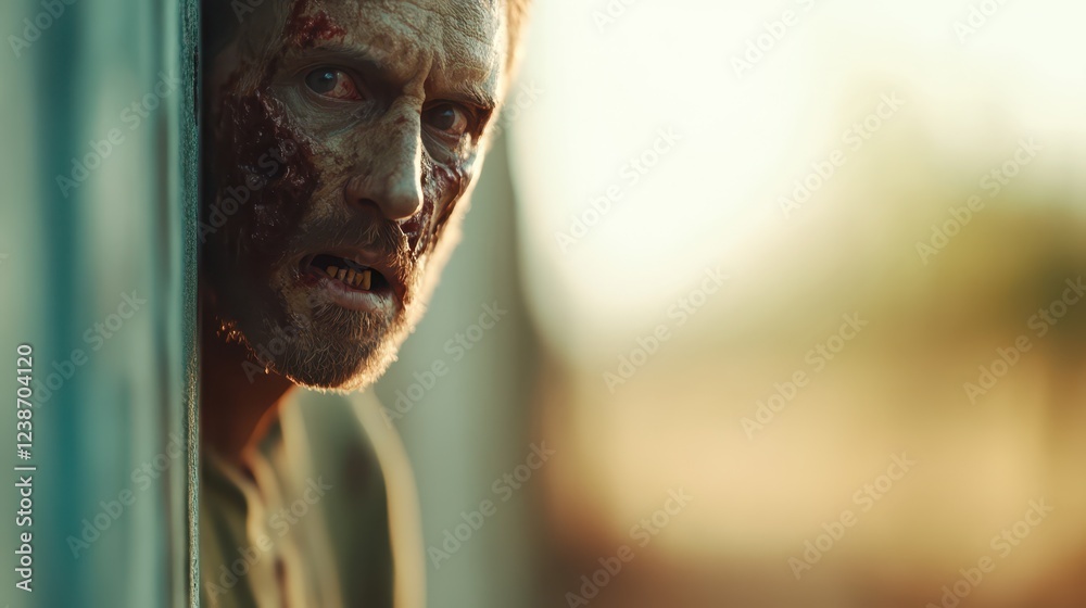 Fototapeta premium A lifelike depiction of a zombie materializing from the shadows during twilight, highlighting its decay and eerie characteristics within a forsaken landscape