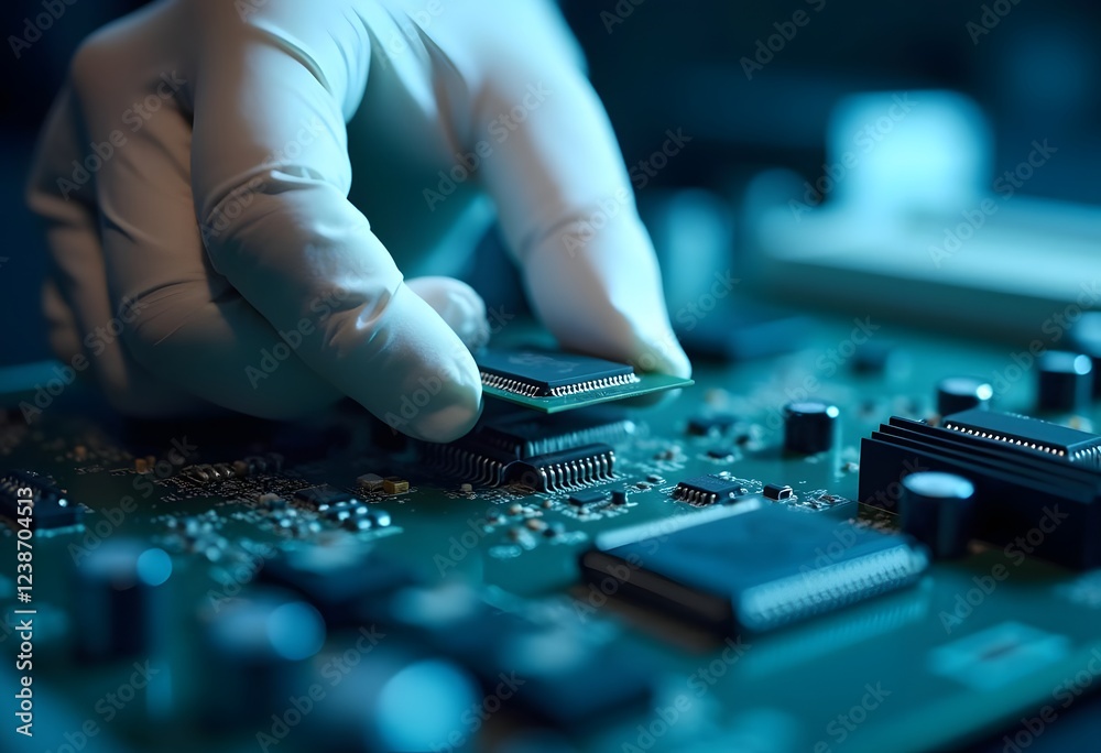 Fototapeta premium Technician Assembling Computer Chip on Circuit Board with Precision and Care