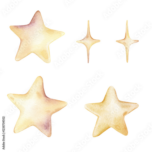 Hand drawn watercolor illustration of the stars for Baby shower invitations or nursery wall art. Drawing sky perfect for conveying a dreamy, mystical atmosphere for kids greeting cards.