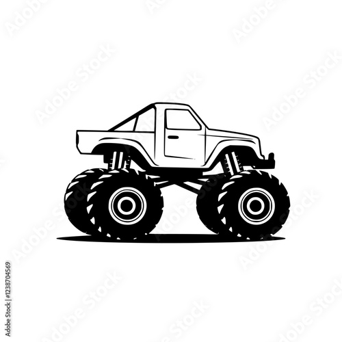 Mighty Monster Truck: A Black and White Vector Illustration of an Off-Road Goliah.  Perfect for automotive, transport, and graphic design projects.