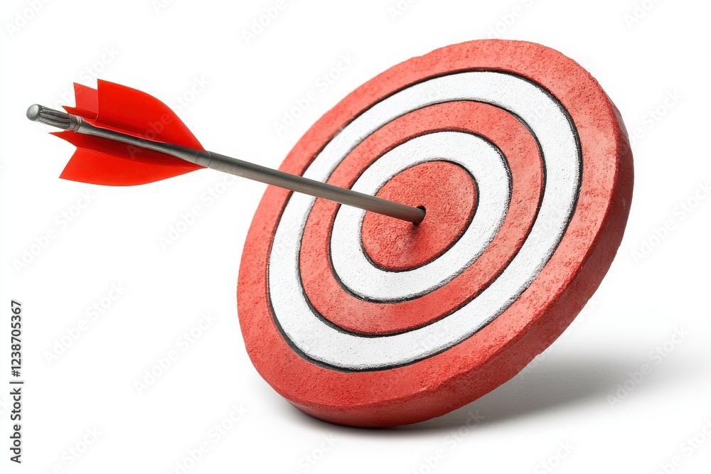 Precision Target with Arrow Hitting Center Red and White Bullseye Marking on White Background Precision Target with Arrow Hitting Center Red and White Bullseye Marking on White Background