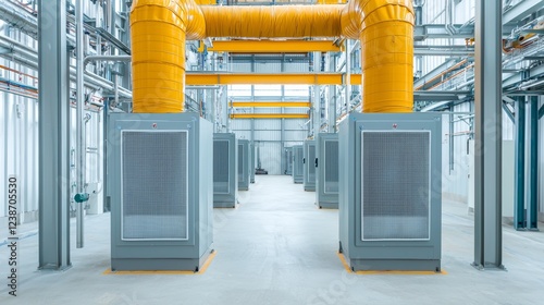 Air dust filtration systems preventing harmful particles from circulating, workers with protective gear reducing exposure, ensuring safety in industrial environments