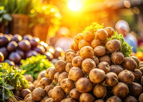 Blurred market view, piled konjac root freshness. photo