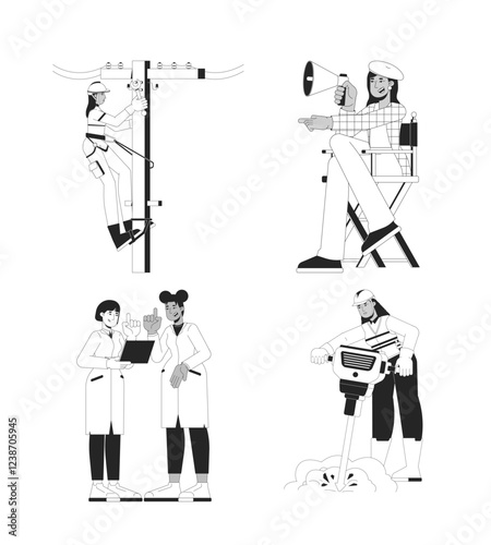 Diverse women in male-dominated workplace linear illustrations set. Electrician, movie director, STEM scientists, blue collar 2D line characters isolated. Monochrome vector outline images collection