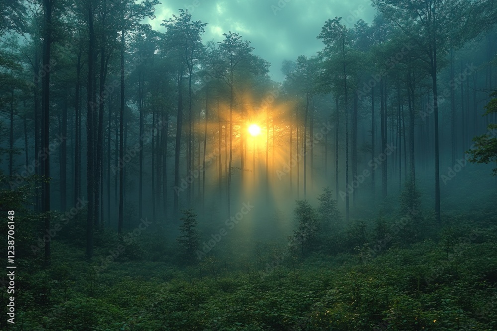 Naklejka premium Sun rays shining through misty trees in a dark forest, for nature/fantasy use