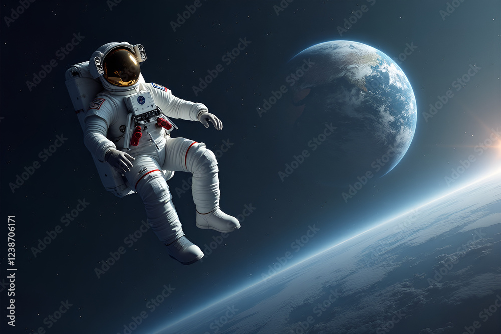 Floating Astronaut Gazing with Awe Mood at Vibrant Earth from Space Floating Astronaut Gazing with Awe Mood at Vibrant Earth from Space