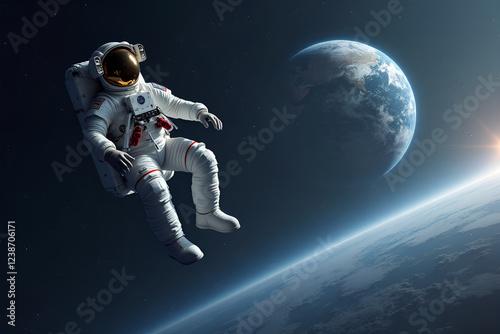 Floating Astronaut Gazing with Awe Mood at Vibrant Earth from Space