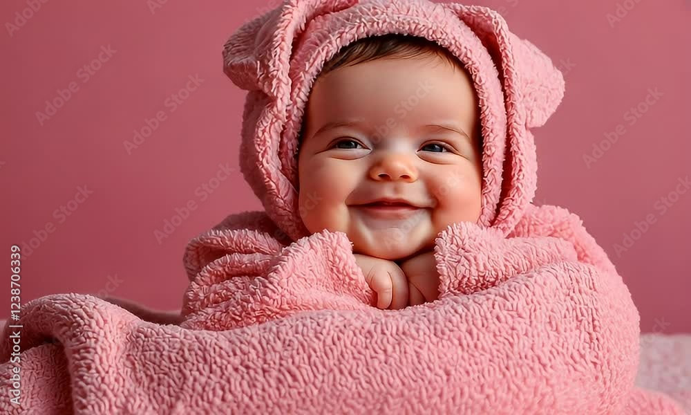 Happy baby in pink towel, sleeping soundly, pink background, studio shot Happy baby in pink towel, sleeping soundly, pink background, studio shot