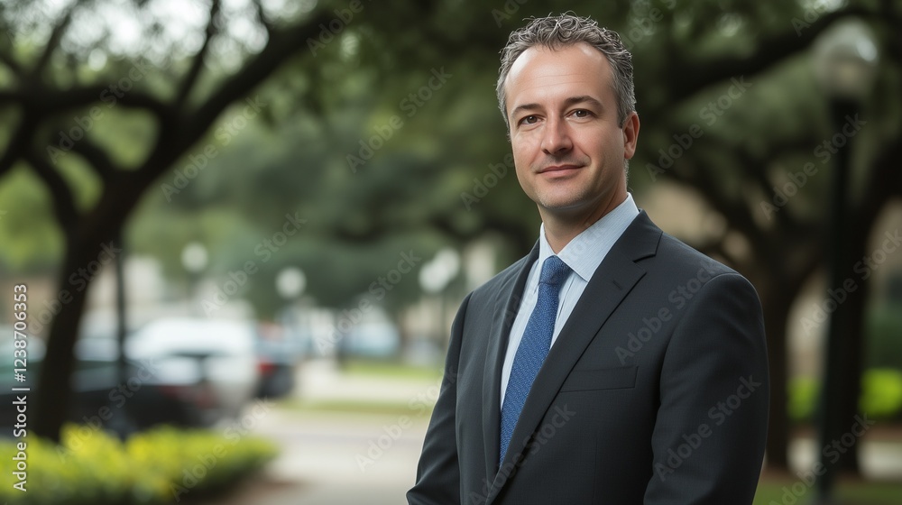 Professional man in a suit standing outdoors with trees and greenery in the background Professional man in a suit standing outdoors with trees and greenery in the background