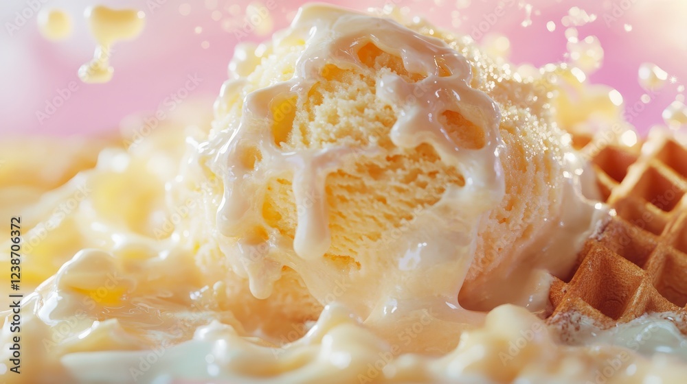 Delicious Vanilla Ice Cream with Waffle Cone and Sweet Cream Sauce Drizzled on Top Closeup Delicious Vanilla Ice Cream with Waffle Cone and Sweet Cream Sauce Drizzled on Top Closeup