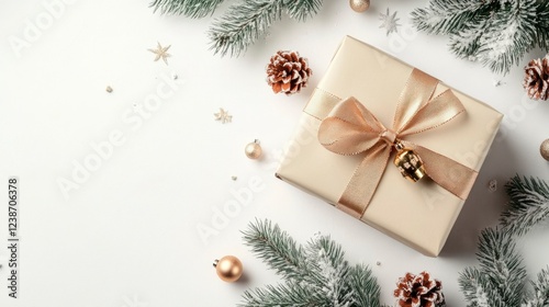 Elegant christmas gift box with ribbon isolated on white background festive decoration minimalist style