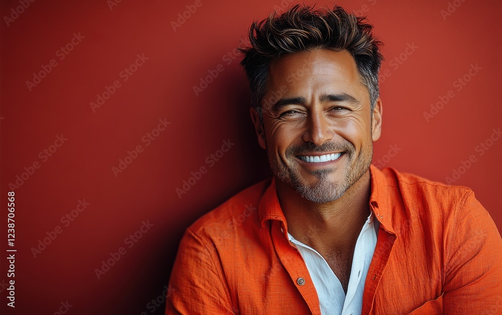 Obraz premium A man in an orange jacket and white shirt is smiling