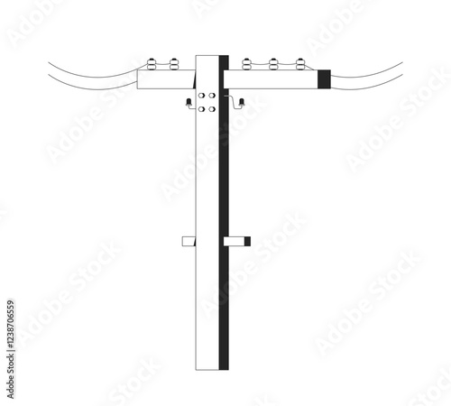 Electric utility pole with wires black and white 2D line object. Powerlines insulators. Electricity distribution infrastructure isolated clip art vector outline item. Monochromatic spot illustration