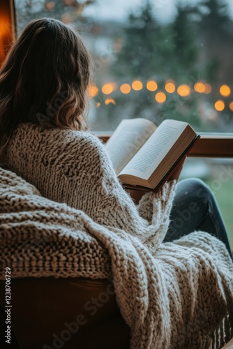 A person enjoys reading a book while wrapped in a soft blanket, gazing out the window at twinkling lights during the winter evening