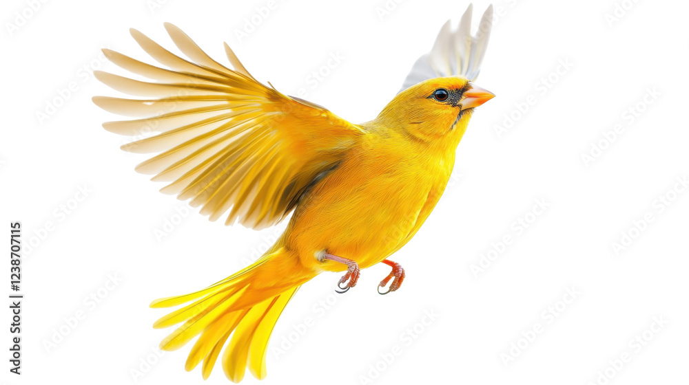 Fototapeta premium Yellow canary with open wings flying on transparent background