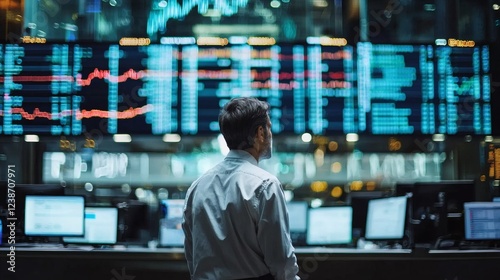 Stock trader in a high-tech office with multiple monitors displaying fluctuating market trends Stock Photo with side copy space