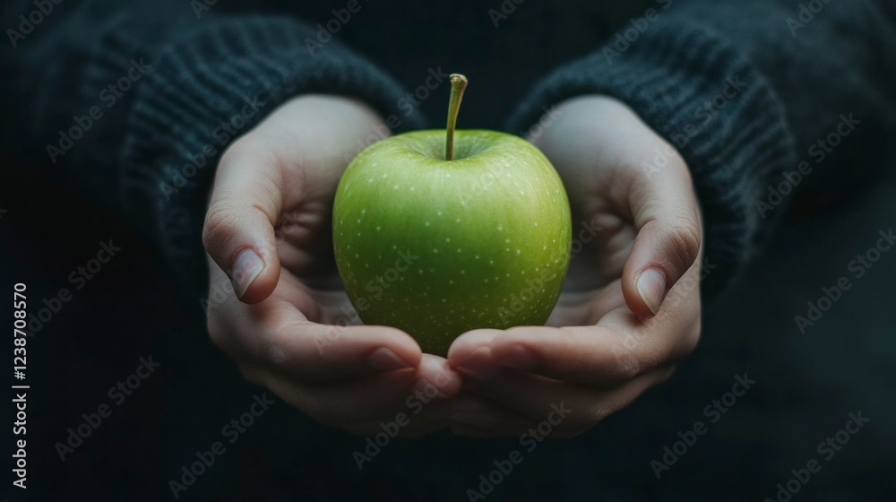 Isolated hands holding a green apple symbolizing health dark background still life close-up wellness concept