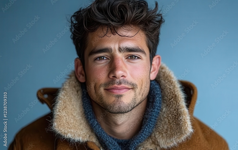 A man with a beard and a blue and tan coat A man with a beard and a blue and tan coat
