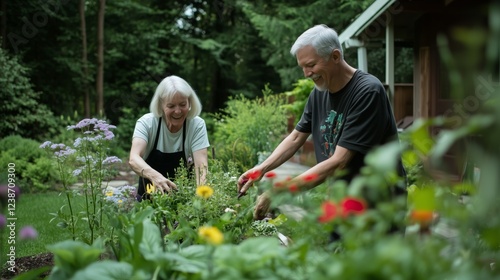Wallpaper Mural A man and a woman are working together in a garden. The woman is wearing an apron and the man is wearing a black shirt. They are both smiling and seem to be enjoying their time together Torontodigital.ca