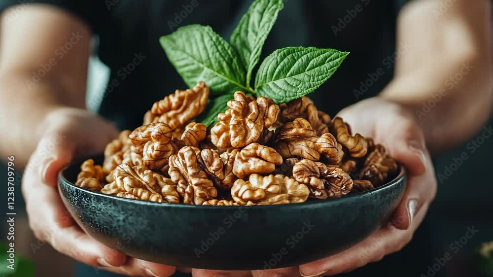 Hands holding a black bowl filled with fresh walnuts and a sprig of mint in a natural setting