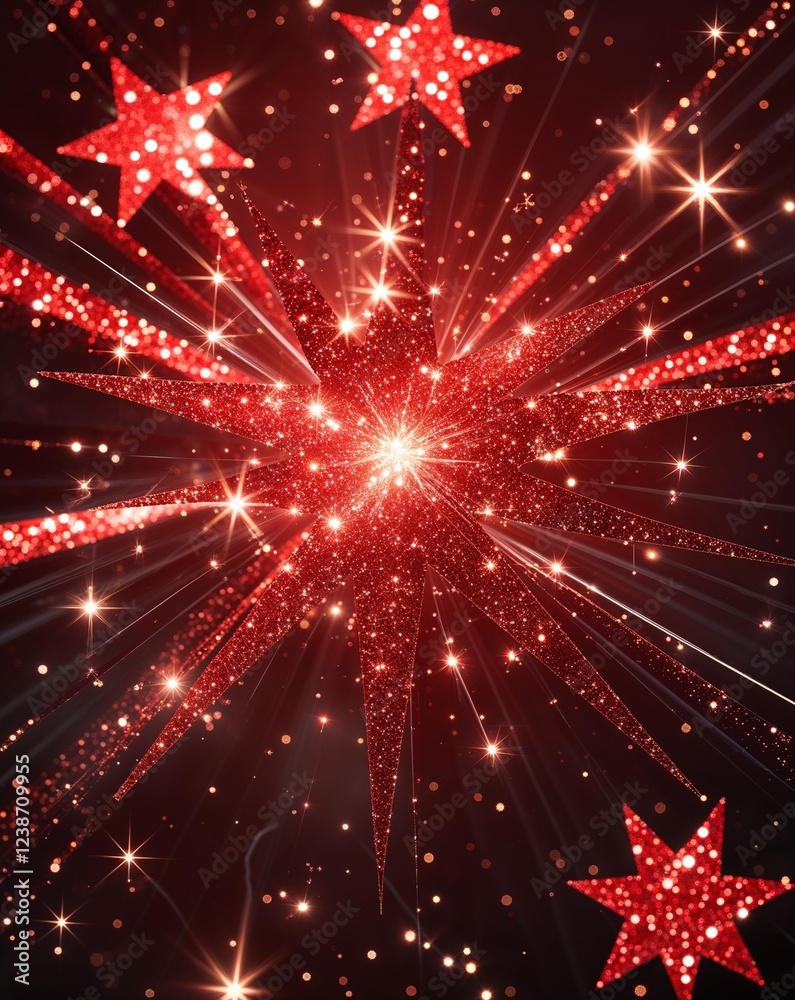 Fototapeta premium Red glitter stars with radiant bursts of glowing sparkles abstract background