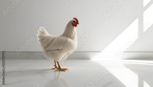 Wallpaper Mural White Chicken Standing Calmly on Smooth White Floor, Minimalist Aesthetic with Soft Diffused Lighting and Plain White Background  
 Torontodigital.ca