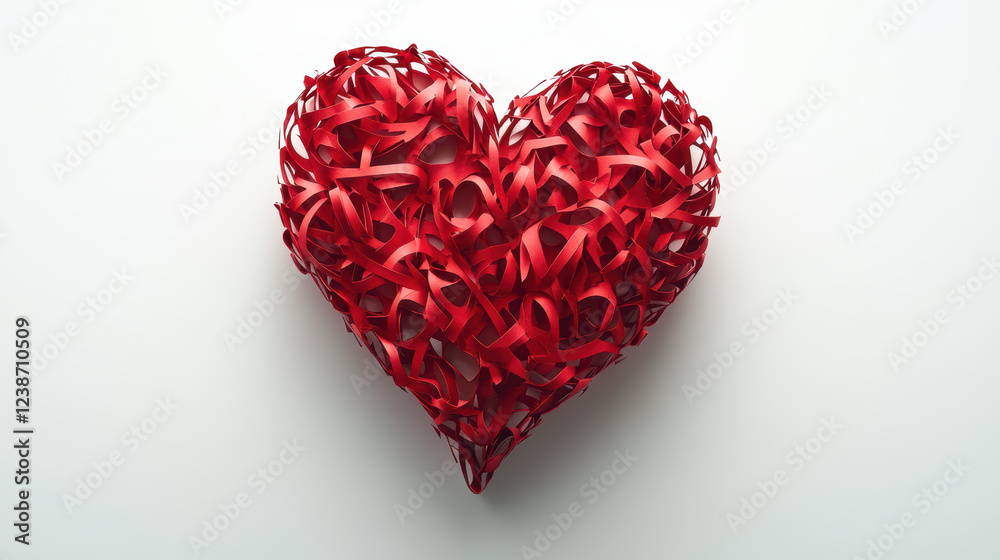 Vibrant red heart made of intertwined ribbons, symbolizing love and affection