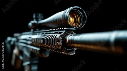 A detailed close-up of a sniper rifle revealing the barrel and optics, showcasing the emblematic features of high-performance weaponry in modern military applications. photo