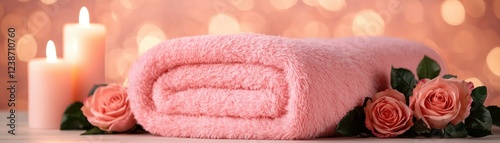 Soft pink towel surrounded by roses and lit candles, creating a warm, inviting ambiance perfect for relaxation and self-care.